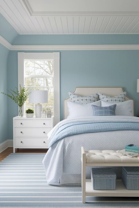 pastel bedroom in powder blue color with striped rug and patterned duvet