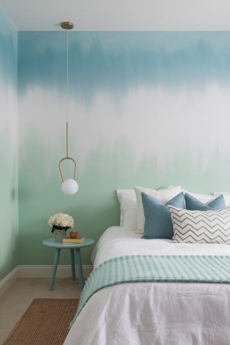 pastel bedroom with ombre wall in blue, white, and green shades