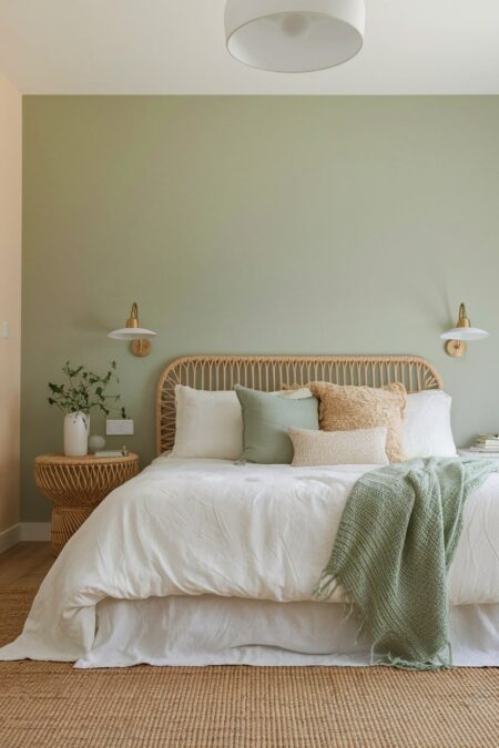 pastel bedroom with sage green accent wall, throw blanket, and accent pillow, rattan furniture