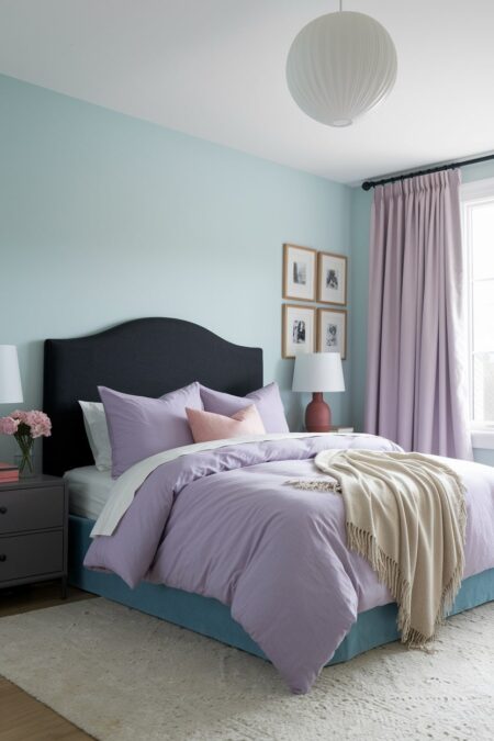 pastel bedroom with soft lilac bedding and charcoal headboard, light blue walls