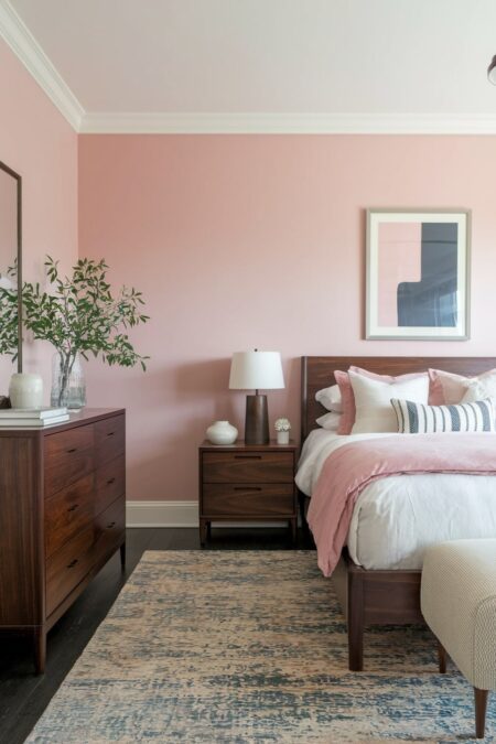 pastel pink bedroom with dark wood furniture, nightstand, dresser, and bed
