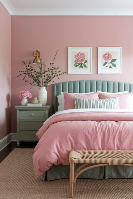 pink bedroom with sage green bed and nightstand, pink bedding and floral artwork