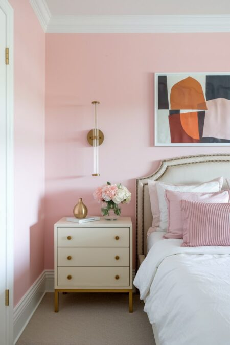 pink pastel bedroom with brass hardware and wall sconce, abstract artwork