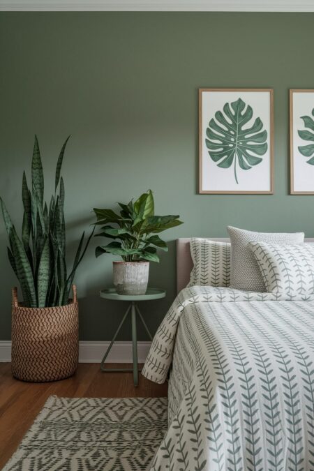 sage green bedroom with botanical prints and bedding pattern, a snake plant near bedside table