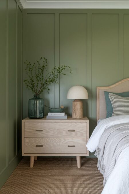 sage green bedroom with natural wood nightstand, table lamp, and headboard