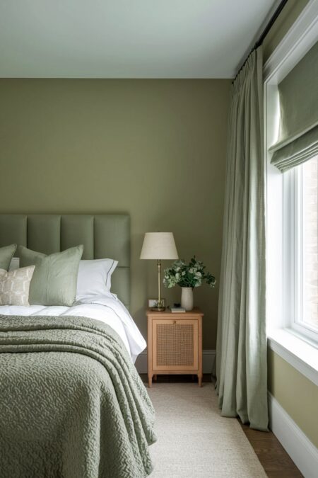 sage green bedroom with sage green curtains and Roman shades