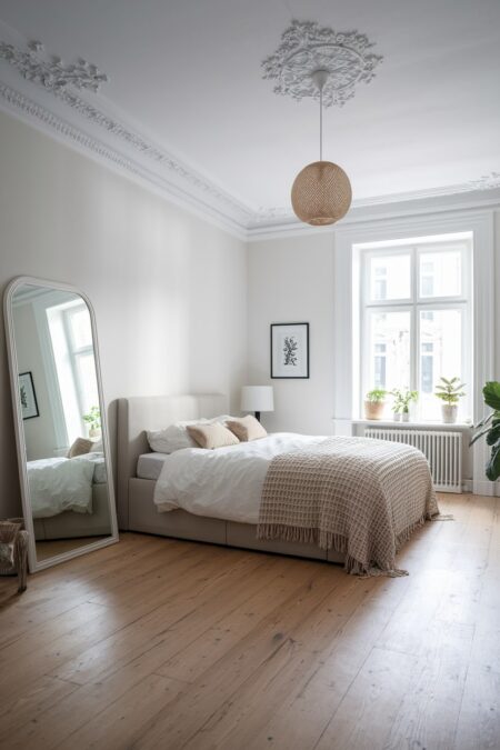 Scandinavian bedroom with a floor mirror and neutral bedding