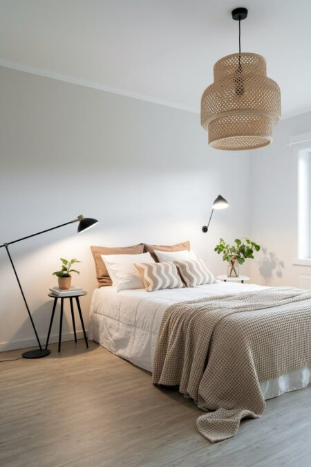 Scandinavian bedroom with a statement pendant rattan light, black floor lamp and wall sconce beside the bed