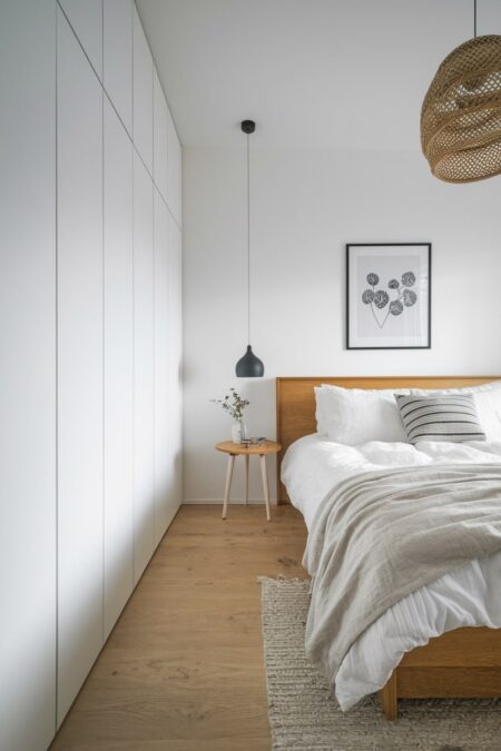 Scandinavian bedroom with a white built-in wardrobe, wood bed frame, and black botanical artwork