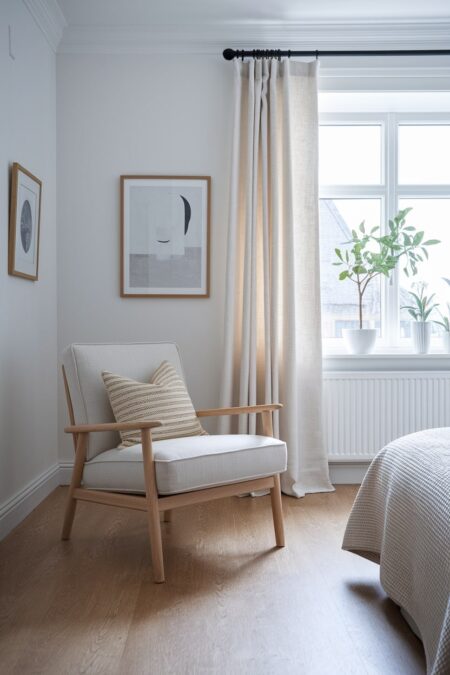 Scandinavian bedroom with a wooden armchair with light gray cushion