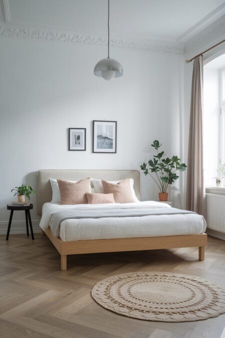 Scandinavian bedroom with a wooden minimalist platform bed, black bedside table, and woven rug