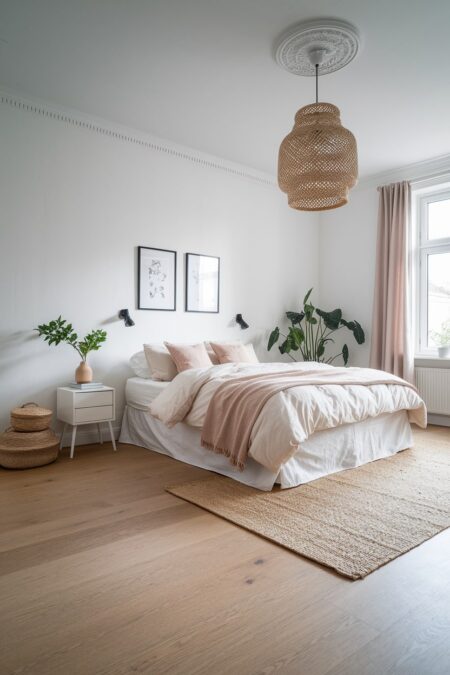 Scandinavian bedroom with black wall sconces, white nightstand, and woven rug