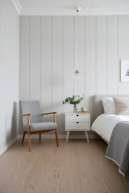 Scandinavian bedroom with light gray walls, white nightstand, and wooden armchair with gray cushion