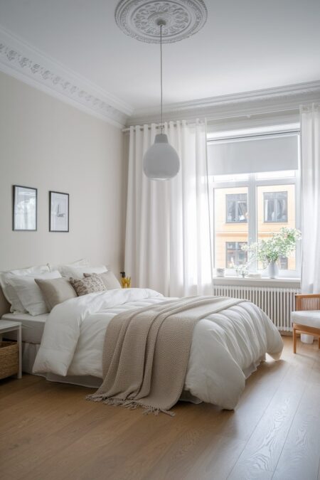 Scandinavian bedroom with white bedding and sheer white curtains, pear pendant light