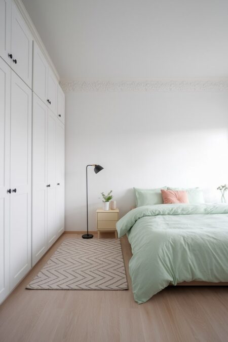 Scandinavian style bedroom with white walls, light wood flooring, pastel mint green bedding, and black floor lamp