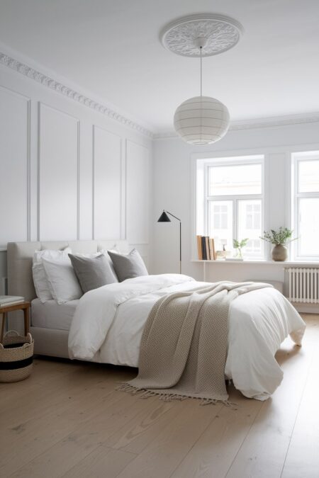 Scandinavian style bedroom with white walls, moldings, light wood flooring, and black floor lamp