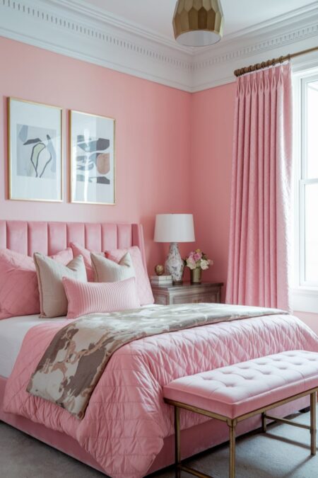 soft pink bedroom with gold picture frames and ceiling lamp, velvet and silk fabrics