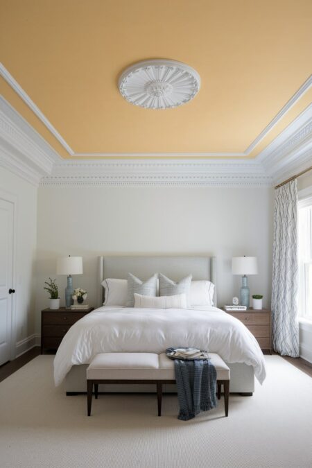 sophisticated bedroom with white walls, dark wood nightstands, and pastel butter yellow ceiling