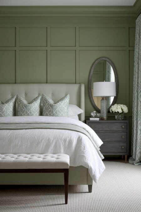 transitional sage green bedroom with white bedding and mirror above nightstand