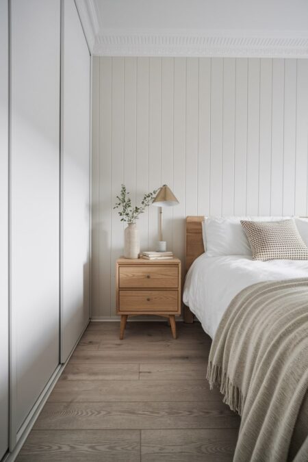 uncluttered Scandinavian bedroom with a vertical shiplap wall and white sliding door wardrobe