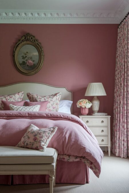 vintage style bedroom with muted pink shades and floral pattern