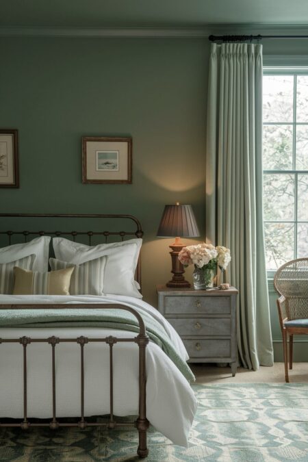 vintage style sage green bedroom with antique brass fixture and weathered furniture, metal bed frame