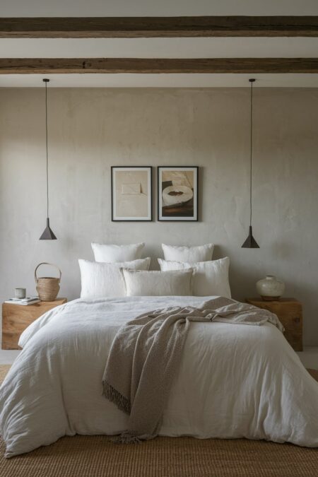 wabi-sabi minimalist bedroom with a gray wall, exposed beams, and raw wood nightstands