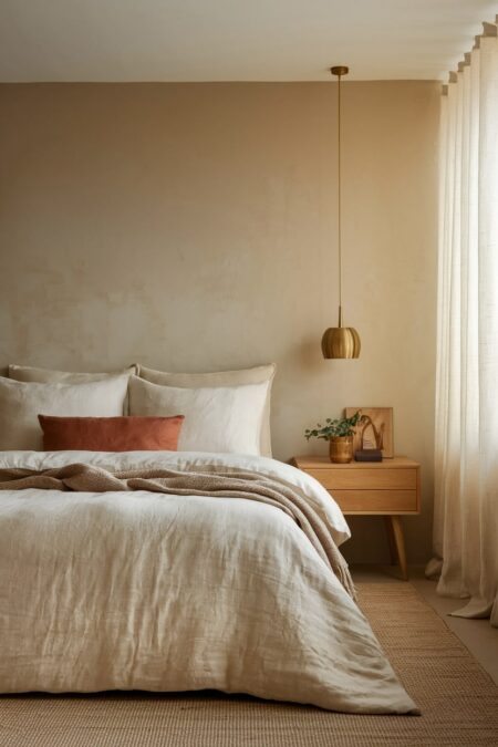 warm neutral bedroom with beige microcement wall, jute rug, and muted terracotta accent pillow