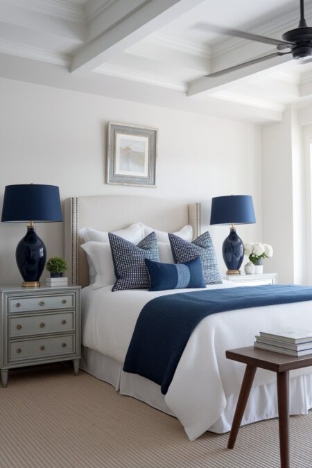 white bedroom with navy blue accent throws and table lamps
