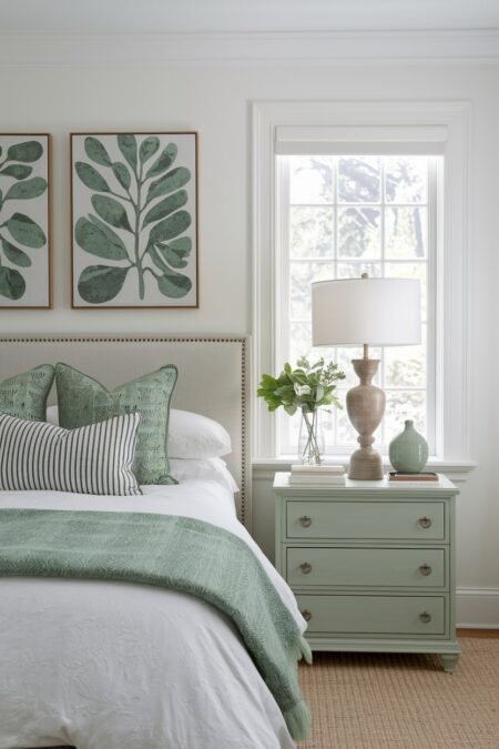white bedroom with sage green artwork, decorative pillows, nightstand, and accessories