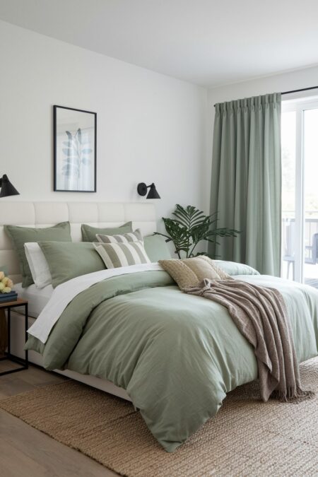 white bedroom with sage green bedding and curtains, cream headboard, jute rug