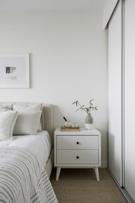 white minimalist bedroom with a simple wooden tray and ceramic vase on the nightstand