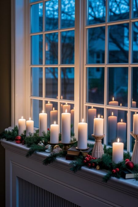 battery-operated candles with greenery as Christmas decor on the windowsill