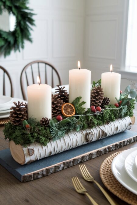 birch log with moss, greenery, pinecones, and pillar candles as DIY Christmas decor
