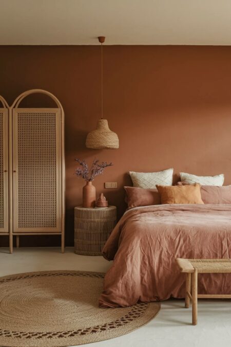 boho bedroom in warm earthy tones with terracotta wall and round jute rug