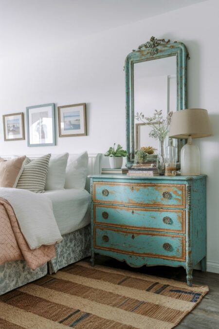 boho bedroom with an antique turquoise dresser and tarnished mirror