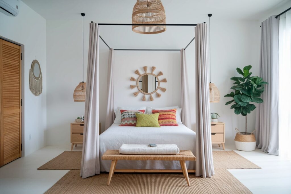 boho bedroom with colorful pillows, four-poster bed, and jute area rugs
