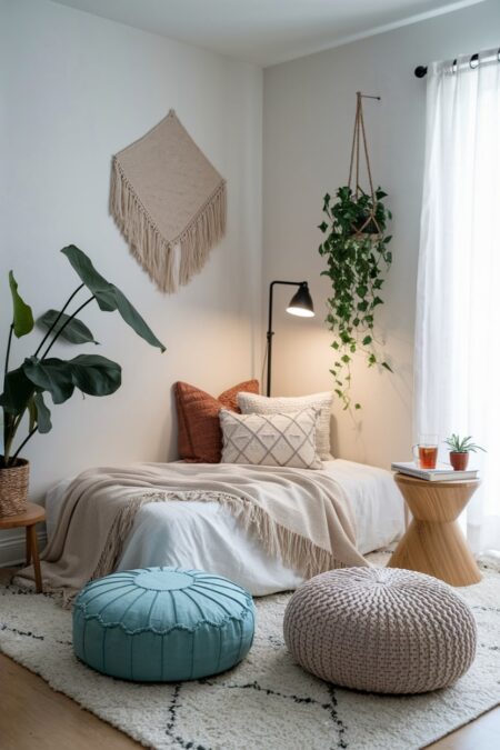 boho bedroom with cozy corner reading nook with floor cushions and small side table