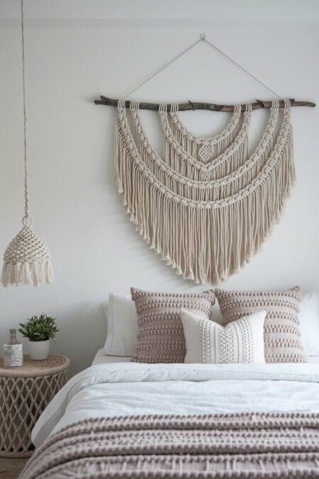 boho bedroom with macramé wall hangings above headboard