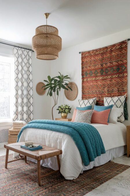 boho bedroom with mix of global-inspired patterns, ikat tapestry, and blue throws