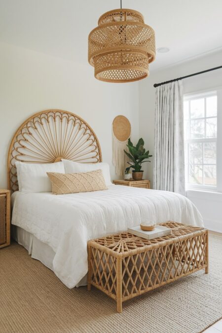 boho bedroom with rattan furniture and pendant light fixture