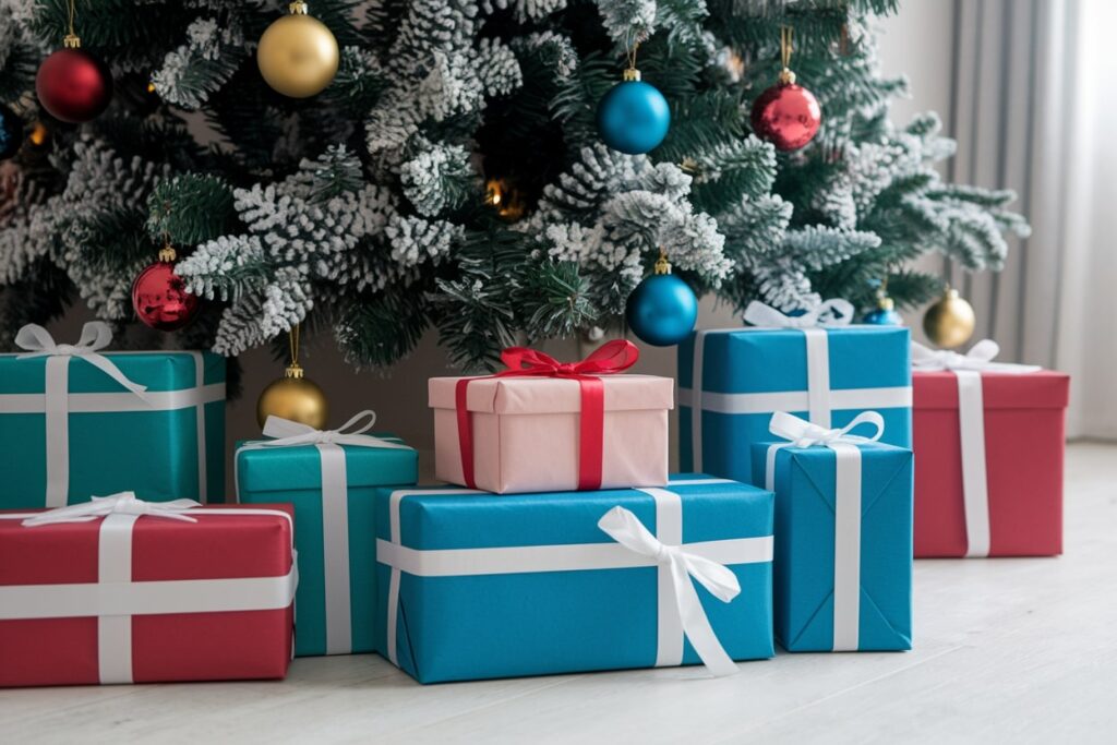 Christmas decor ideas, blue and red gift boxes under Christmas tree