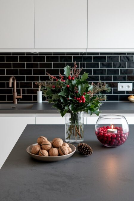 Christmas kitchen with a vase of fresh holly, glass bowl with red cranberries, water and floating candle; bowl of walnuts