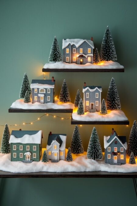 Christmas village display on floating shelves and console table