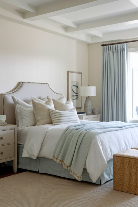 coastal bedroom with a gray upholstered nailhead trimmed headboard, soft blue throw blanket and curtains