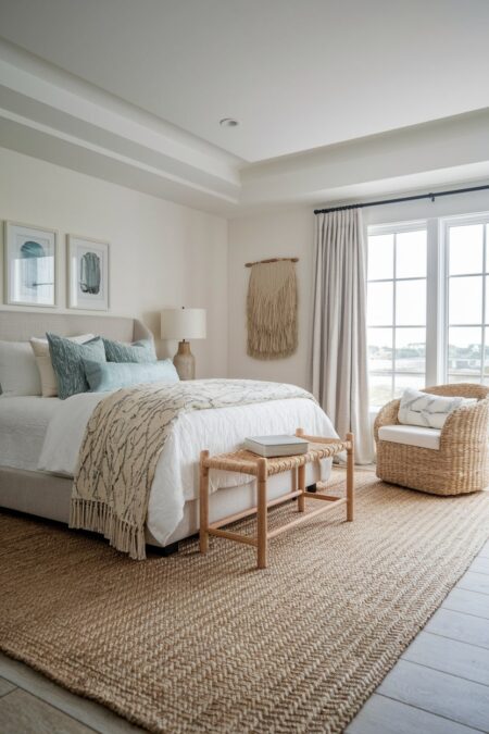 coastal bedroom with a jute area rug and jute or wicker armchair, light blue accent pillows