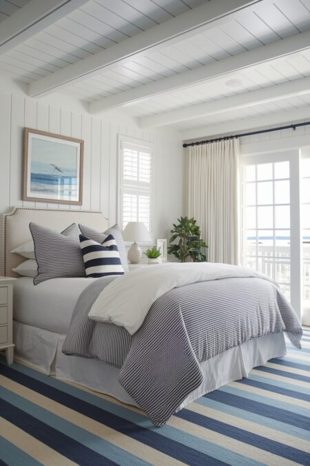 coastal bedroom with blue and white striped bedding and carpet