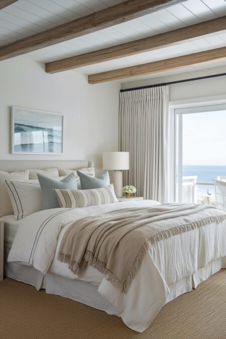coastal bedroom with light, airy bedding, wooden ceiling beams, and sisal area rug