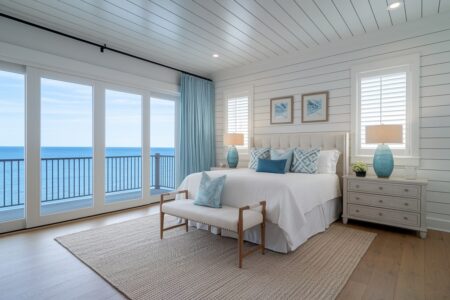 coastal bedroom with light blue accent textiles, white bedding, blue glass table lamp bases, and sisal area rug