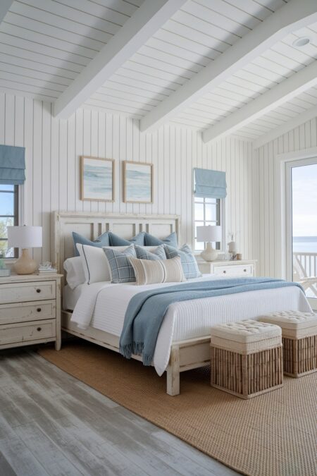 coastal bedroom with light weathered furniture, jute area rug, and laminate flooring that mimics driftwood